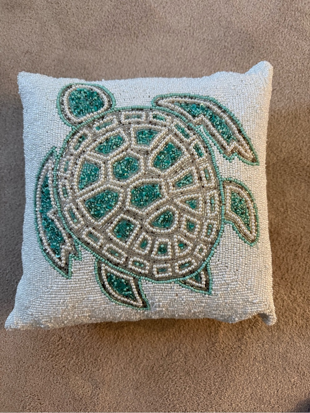 Beaded Sea Turtle Accent Pillow - Teal and White